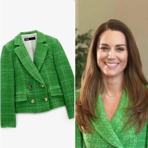 Zara Kate Middleton Textured Tweed Boucle Apple Green Gold Button Cropped Blazer